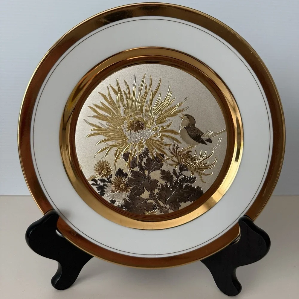 Original Chokin Art Collection Bird & Chrysanthemum 24K Trim Plate PL-215
